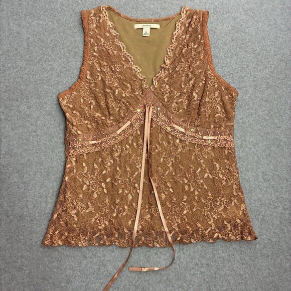 Merona Women’s Lace Sleeveless Blouse Top Brown Tie Front Size Medium - Picture 7 of 14